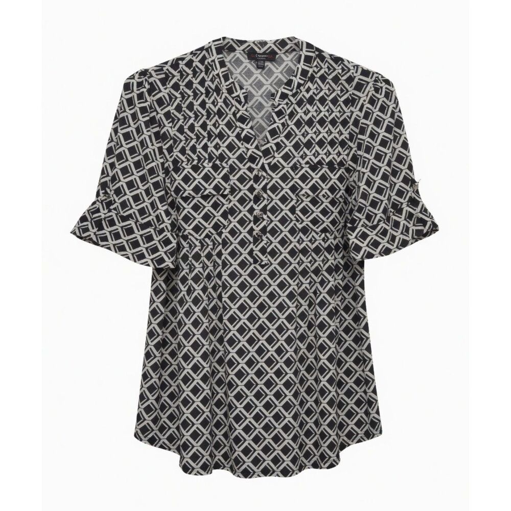 Cocomo Women's Plus Size 2X Black & Ivory Geo Print Pintuck Short Sleeve Top